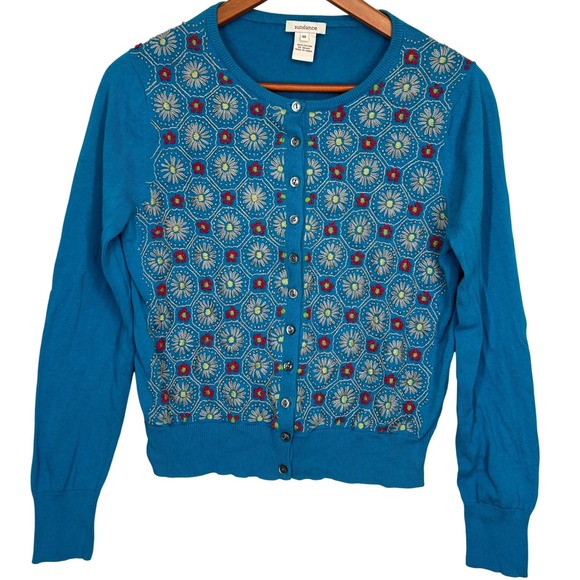 Pretty Blue Sundance Button Up Cardigan Embroidered Floral Front Women's Medium - Picture 1 of 6